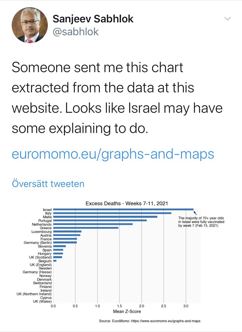 May be an image of 1 person and text that says 'Sanjeev Sabhlok @sabhlok Someone sent me this chart extracted from the data at this website. Looks like Israel may have some explaining to do. Översätt tweeten euromomo.eu/graphs-and-maps Excess Deaths Weeks -11,2021 erlands Luxembourg Germany Slovenia majority 70+ Israel vere fully by week (Feb 15, 2021) Germany UK (Northern .Ireland) Ireland) (Wales) 0.5 1.0 1.5 20 Mean Z-Score 2.5 3.0 Source: EuroMomo: https///www euromomo Û u/graphs-'