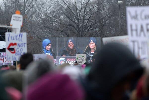 Progressive groups distanced themselves from Ms. Sarsour, left, and her fellow march co-chairs Tamika Mallory and Carmen Perez.