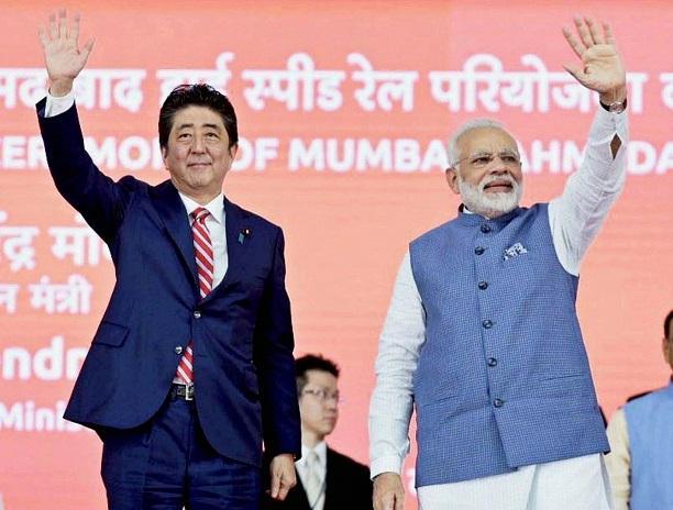PM Modi and Japanese PM Shinzo Abe lay the foundation stone for India's first high-speed rail project on Thursday in Ahmedabad. Photo: Twitter (@ANI)