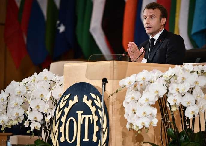 Emmanuel Macron prononce un discours à la Conférence internationale du travail de l'OIT le 11 juin 2019 à Genève.